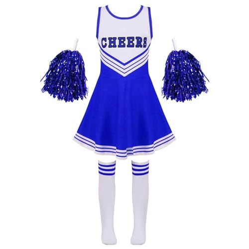 Vxuxlje Cheerleadermädchen Outfit Cheerleadingkostüm Minikleid Ärmellos Mit Puscheln Strümpfe Teiliges Tanzoutfit Set Blau 122-128 von Vxuxlje
