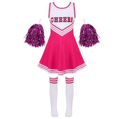 Vxuxlje Cheerleadermädchen Outfit Cheerleadingkostüm Minikleid Ärmellos Mit Puscheln Strümpfe Teiliges Tanzoutfit Set Knalliges Pink 110-116 von Vxuxlje