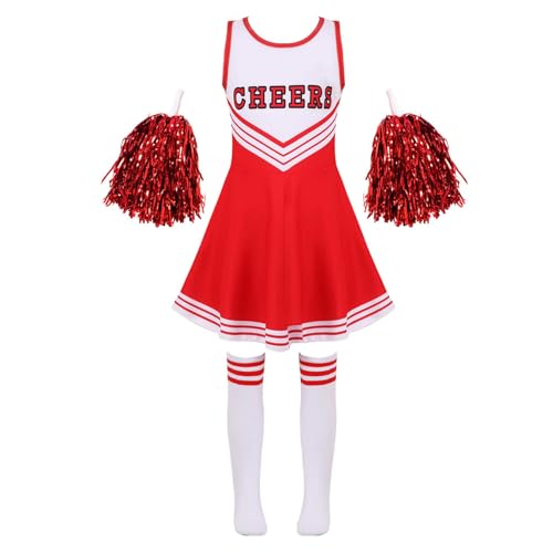 Vxuxlje Cheerleadermädchen Outfit Cheerleadingkostüm Minikleid Ärmellos Mit Puscheln Strümpfe Teiliges Tanzoutfit Set Rot 98-104 von Vxuxlje