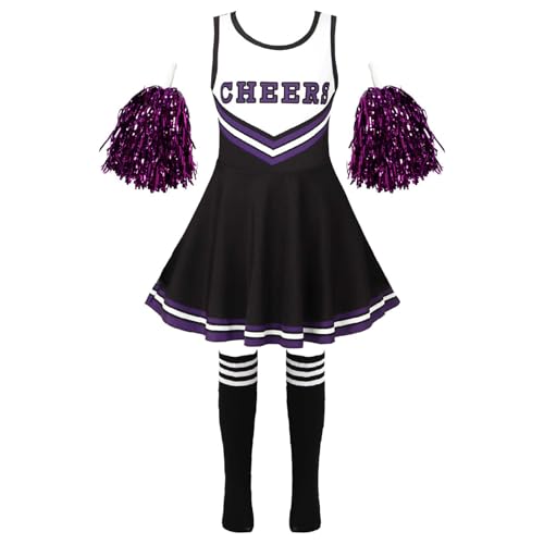 Vxuxlje Cheerleadermädchen Outfit Cheerleadingkostüm Minikleid Ärmellos Mit Puscheln Strümpfe Teiliges Tanzoutfit Set Schwarz 134-140 von Vxuxlje