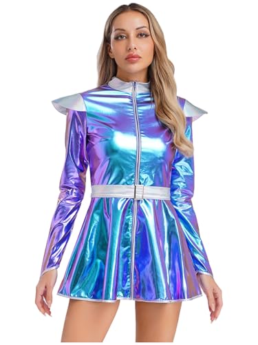 Vxuxlje Damen Alien Kostüm Space Girl Kleid Cosplay Halloween Langarm Hologrammkleid Glitzer Metallic Roboterkleid Festival Outfit Disco Kostüm Faschingskostüm Blau 4XL von Vxuxlje