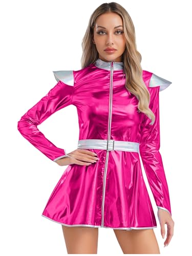 Vxuxlje Damen Alien Kostüm Space Girl Kleid Cosplay Halloween Langarm Hologrammkleid Glitzer Metallic Roboterkleid Festival Outfit Disco Kostüm Faschingskostüm Pink S von Vxuxlje