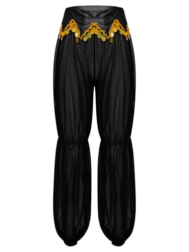 Vxuxlje Damen Arabische Prinzessin Hosen Halloween Metallic Glanz Bauchtanz Hose Mit Goldbesatz Pailletten Bauchtanz Haremshose Fasching Kostüm Schwarz L von Vxuxlje