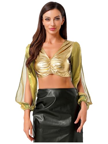 Vxuxlje Damen Arabische Prinzessin Kostüm Halloween Metallic Bauchtanz Crop Top Mesh Patchwork Tanztop V-ausschnitt Oberteile Karnevalskostüm Gold L von Vxuxlje