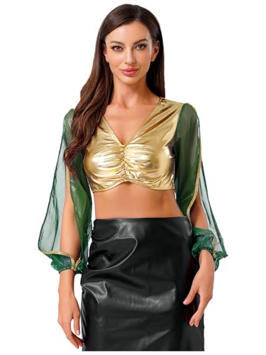 Vxuxlje Damen Arabische Prinzessin Kostüm Halloween Metallic Bauchtanz Crop Top Mesh Patchwork Tanztop V-ausschnitt Oberteile Karnevalskostüm Grün M Vxuxlje Damen Arabische Prinzessin Kostüm Halloween Metallic Bauchtanz Crop Top Mesh Patchwork Tanztop V-ausschnitt Oberteile Karnevalskostüm Grün M von Vxuxlje