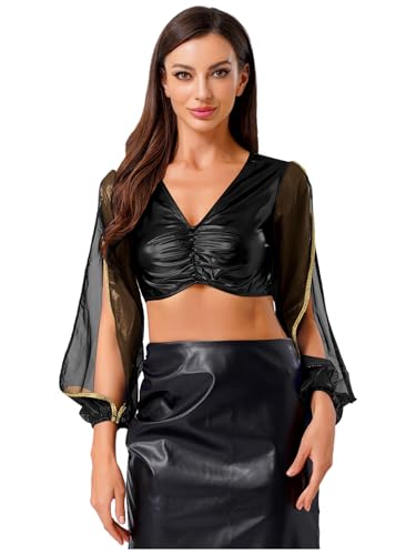 Vxuxlje Damen Arabische Prinzessin Kostüm Halloween Metallic Bauchtanz Crop Top Mesh Patchwork Tanztop V-ausschnitt Oberteile Karnevalskostüm Schwarz L Vxuxlje Damen Arabische Prinzessin Kostüm Halloween Metallic Bauchtanz Crop Top Mesh Patchwork Tanztop V-ausschnitt Oberteile Karnevalskostüm Schwarz L von Vxuxlje