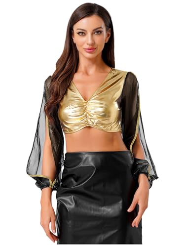 Vxuxlje Damen Arabische Prinzessin Kostüm Halloween Metallic Bauchtanz Crop Top Mesh Patchwork Tanztop V-ausschnitt Oberteile Karnevalskostüm Schwarzes Gold L Vxuxlje Damen Arabische Prinzessin Kostüm Halloween Metallic Bauchtanz Crop Top Mesh Patchwork Tanztop V-ausschnitt Oberteile Karnevalskostüm Schwarzes Gold L von Vxuxlje