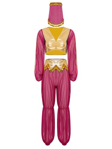 Vxuxlje Damen Arabische Prinzessin Kostüm Halloween Metallic Crop Tops mit Mesh Hosen und Schleier Karnevalskostüm für Cosplay Bauchtanz kostüm Hot Pink M Vxuxlje Damen Arabische Prinzessin Kostüm Halloween Metallic Crop Tops mit Mesh Hosen und Schleier Karnevalskostüm für Cosplay Bauchtanz kostüm Hot Pink M von Vxuxlje