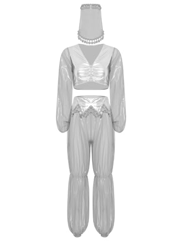 Vxuxlje Damen Arabische Prinzessin Kostüm Halloween Metallic Crop Tops mit Mesh Hosen und Schleier Karnevalskostüm für Cosplay Bauchtanz kostüm Weiß M Vxuxlje Damen Arabische Prinzessin Kostüm Halloween Metallic Crop Tops mit Mesh Hosen und Schleier Karnevalskostüm für Cosplay Bauchtanz kostüm Weiß M von Vxuxlje