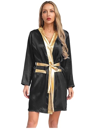 Vxuxlje Damen Boxmantel Boxen Satinmantel Mit Kapuze Muay Thai Uniformen Boxkampf Kostüm Halloween Mottopartys Rollenspiele Karnevalskostüm Schwarz 42 von Vxuxlje
