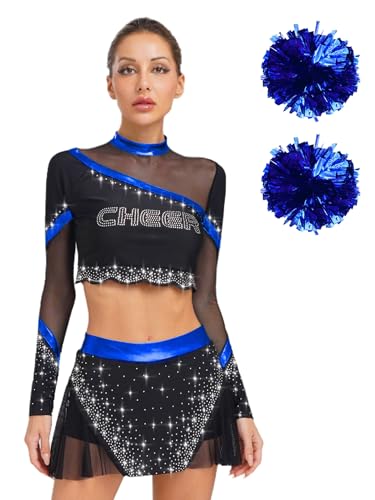 Vxuxlje Damen Cheer Leader Kostüm Set Halloween Glitzer Cheerleading Uniform Mit Pompoms Festival Outfit Langarm Tanz Top Und Minirock Tanzkostüm Karnevalskostüm Königsblau XL Vxuxlje Damen Cheer Leader Kostüm Set Halloween Glitzer Cheerleading Uniform Mit Pompoms Festival Outfit Langarm Tanz Top Und Minirock Tanzkostüm Karnevalskostüm Königsblau XL von Vxuxlje