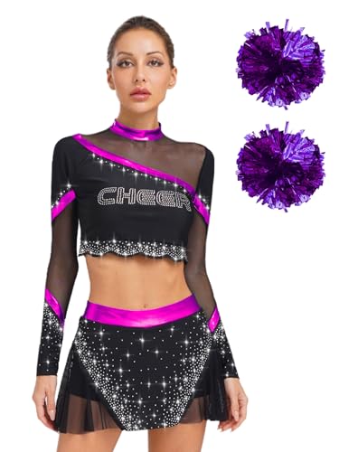 Vxuxlje Damen Cheer Leader Kostüm Set Halloween Glitzer Cheerleading Uniform Mit Pompoms Festival Outfit Langarm Tanz Top Und Minirock Tanzkostüm Karnevalskostüm Lila XXL von Vxuxlje