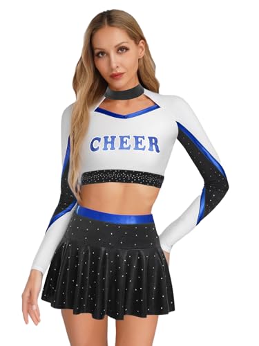 Vxuxlje Damen Cheer Leader Kostüm Set Langarm Crop Top mit Minirock Cheerleading Uniform Tanzkostüm Fasching Kostüm Schwarz Blau XXL Vxuxlje Damen Cheer Leader Kostüm Set Langarm Crop Top mit Minirock Cheerleading Uniform Tanzkostüm Fasching Kostüm Schwarz Blau XXL von Vxuxlje