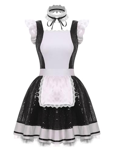 Vxuxlje Damen Dienstmädchen Kostüm Glitzer Pailletten Minikleid Maid Kleid Französisches Magd Uniform Unterwäsche Halloween Cosplay Set Fasching Kostüm Schwarz XL Vxuxlje Damen Dienstmädchen Kostüm Glitzer Pailletten Minikleid Maid Kleid Französisches Magd Uniform Unterwäsche Halloween Cosplay Set Fasching Kostüm Schwarz XL von Vxuxlje