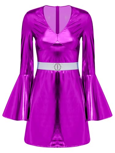 Vxuxlje Damen Disco Kleid Mit Trompetenärmel Metallic Partykleid Retro Disco Kostüm 70er Halloween Faschingskostüm Clubwear Rave Outfit Violett L von Vxuxlje