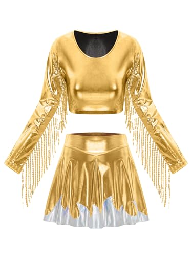 Vxuxlje Damen Disco Kostüm 2-teiliges Metallic Langarm Crop Top mit Fransen und Glitzer Minirock Rave Party Fasching Kostüm Clubwear Gold M Vxuxlje Damen Disco Kostüm 2-teiliges Metallic Langarm Crop Top mit Fransen und Glitzer Minirock Rave Party Fasching Kostüm Clubwear Gold M von Vxuxlje