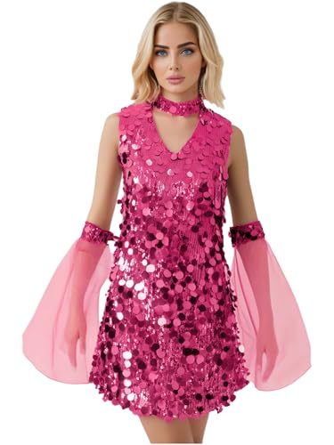Vxuxlje Damen Disco Kostüm 60er 70er Glitzer Pailletten Kleid Hippie Kleidung Vintage A Linien Fasching Karneval Kostüm Halloween Rave Ourfit Hot Pink XXL Vxuxlje Damen Disco Kostüm 60er 70er Glitzer Pailletten Kleid Hippie Kleidung Vintage A Linien Fasching Karneval Kostüm Halloween Rave Ourfit Hot Pink XXL von Vxuxlje