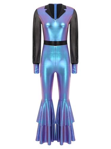 Vxuxlje Damen Disco Kostüm 70er 80er Glitzer Metallic Jumpsuit Mesh Langarm Overall mit Schlaghosen Retro Tanzkostüm Halloween Cosplay Fasching Kostüm Farbverlauf Blau M Vxuxlje Damen Disco Kostüm 70er 80er Glitzer Metallic Jumpsuit Mesh Langarm Overall mit Schlaghosen Retro Tanzkostüm Halloween Cosplay Fasching Kostüm Farbverlauf Blau M von Vxuxlje