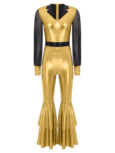 Vxuxlje Damen Disco Kostüm 70er 80er Glitzer Metallic Jumpsuit Mesh Langarm Overall mit Schlaghosen Retro Tanzkostüm Halloween Cosplay Fasching Kostüm Gold XXL Vxuxlje Damen Disco Kostüm 70er 80er Glitzer Metallic Jumpsuit Mesh Langarm Overall mit Schlaghosen Retro Tanzkostüm Halloween Cosplay Fasching Kostüm Gold XXL von Vxuxlje