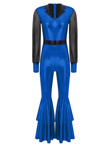 Vxuxlje Damen Disco Kostüm 70er 80er Glitzer Metallic Jumpsuit Mesh Langarm Overall mit Schlaghosen Retro Tanzkostüm Halloween Cosplay Fasching Kostüm Königsblau M Vxuxlje Damen Disco Kostüm 70er 80er Glitzer Metallic Jumpsuit Mesh Langarm Overall mit Schlaghosen Retro Tanzkostüm Halloween Cosplay Fasching Kostüm Königsblau M von Vxuxlje