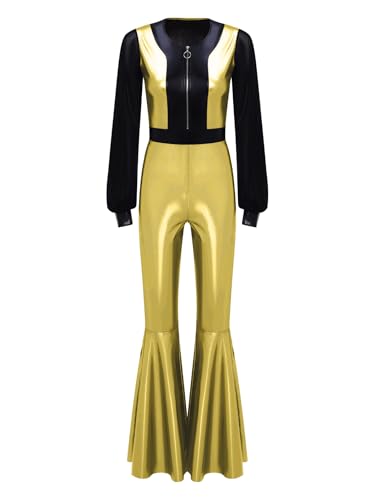 Vxuxlje Damen Disco Kostüm 70er Vintage Disco Jumpsuit Metallic Patchwork Overall mit Schlaghosen Halloween Karnevalskostüm Rave Party Outfit Gold XL Vxuxlje Damen Disco Kostüm 70er Vintage Disco Jumpsuit Metallic Patchwork Overall mit Schlaghosen Halloween Karnevalskostüm Rave Party Outfit Gold XL von Vxuxlje