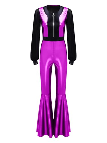 Vxuxlje Damen Disco Kostüm 70er Vintage Disco Jumpsuit Metallic Patchwork Overall mit Schlaghosen Halloween Karnevalskostüm Rave Party Outfit Violett L Vxuxlje Damen Disco Kostüm 70er Vintage Disco Jumpsuit Metallic Patchwork Overall mit Schlaghosen Halloween Karnevalskostüm Rave Party Outfit Violett L von Vxuxlje