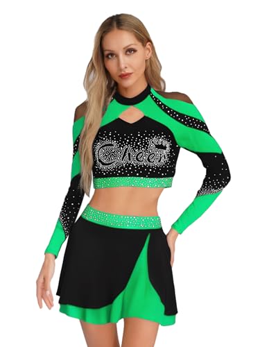 Vxuxlje Damen Glitzer Cheer Leader Kostüm Cheerleading Uniform Langarm Bauchfreie Oberteile mit Minirock Karneval Clubwear Rave Outfit Grün M Vxuxlje Damen Glitzer Cheer Leader Kostüm Cheerleading Uniform Langarm Bauchfreie Oberteile mit Minirock Karneval Clubwear Rave Outfit Grün M von Vxuxlje