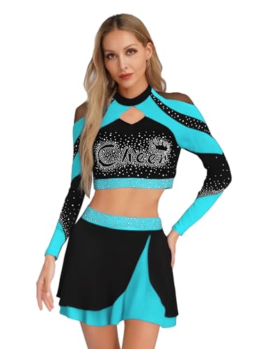 Vxuxlje Damen Glitzer Cheer Leader Kostüm Cheerleading Uniform Langarm Bauchfreie Oberteile mit Minirock Karneval Clubwear Rave Outfit Himmelblau XXL Vxuxlje Damen Glitzer Cheer Leader Kostüm Cheerleading Uniform Langarm Bauchfreie Oberteile mit Minirock Karneval Clubwear Rave Outfit Himmelblau XXL von Vxuxlje