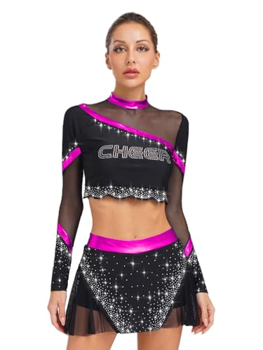 Vxuxlje Damen Glitzer Cheer Leader Kostüm Langarm Cheerleadering Uniform Crop Top mit Kurzer Rock Tanzkostüm Clubwear Halloween Hot Pink XL Vxuxlje Damen Glitzer Cheer Leader Kostüm Langarm Cheerleadering Uniform Crop Top mit Kurzer Rock Tanzkostüm Clubwear Halloween Hot Pink XL von Vxuxlje