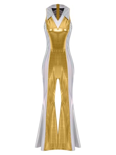 Vxuxlje Damen Glitzer Disco Kostüm 70er 80er Farbblock Jumpsuit Ärmellose V-ausschnitt Bodysuit mit Schlaghosen Halloween Karneval Kostüm Rave Outfit Gold XL Vxuxlje Damen Glitzer Disco Kostüm 70er 80er Farbblock Jumpsuit Ärmellose V-ausschnitt Bodysuit mit Schlaghosen Halloween Karneval Kostüm Rave Outfit Gold XL von Vxuxlje