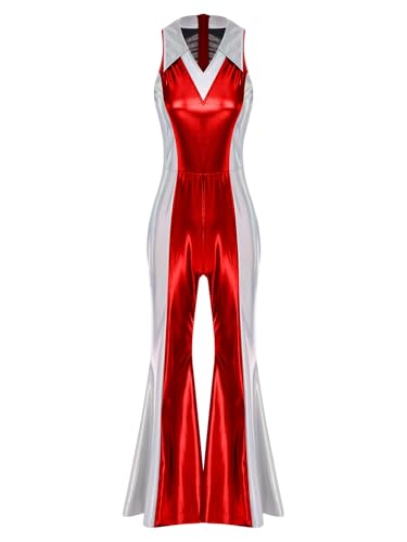 Vxuxlje Damen Glitzer Disco Kostüm 70er 80er Farbblock Jumpsuit Ärmellose V-ausschnitt Bodysuit mit Schlaghosen Halloween Karneval Kostüm Rave Outfit Rot XL Vxuxlje Damen Glitzer Disco Kostüm 70er 80er Farbblock Jumpsuit Ärmellose V-ausschnitt Bodysuit mit Schlaghosen Halloween Karneval Kostüm Rave Outfit Rot XL von Vxuxlje