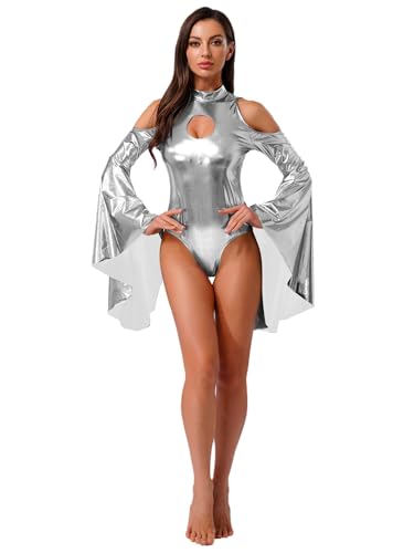 Vxuxlje Damen Glitzer Metallic Body Rückenfrei Leotard mit Trompetenärmel Disco Kostüm Halloween Bodysuit Jumpsuit Tanzkostüm Fasching Kostüm Rave Outfit Silber M Vxuxlje Damen Glitzer Metallic Body Rückenfrei Leotard mit Trompetenärmel Disco Kostüm Halloween Bodysuit Jumpsuit Tanzkostüm Fasching Kostüm Rave Outfit Silber M von Vxuxlje