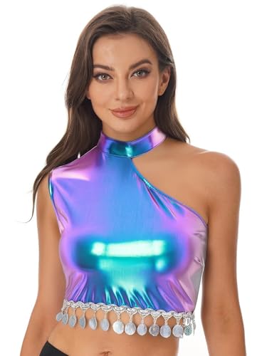 Vxuxlje Damen Glitzer Metallic Crop Top EIN-Schulter Bauchtanztop Ärmellose Bauchfreie Oberteile Disco Kostüm Karnevalskostüm Blau L Vxuxlje Damen Glitzer Metallic Crop Top EIN-Schulter Bauchtanztop Ärmellose Bauchfreie Oberteile Disco Kostüm Karnevalskostüm Blau L von Vxuxlje