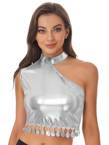 Vxuxlje Damen Glitzer Metallic Crop Top EIN-Schulter Bauchtanztop Ärmellose Bauchfreie Oberteile Disco Kostüm Karnevalskostüm Silber S Vxuxlje Damen Glitzer Metallic Crop Top EIN-Schulter Bauchtanztop Ärmellose Bauchfreie Oberteile Disco Kostüm Karnevalskostüm Silber S von Vxuxlje