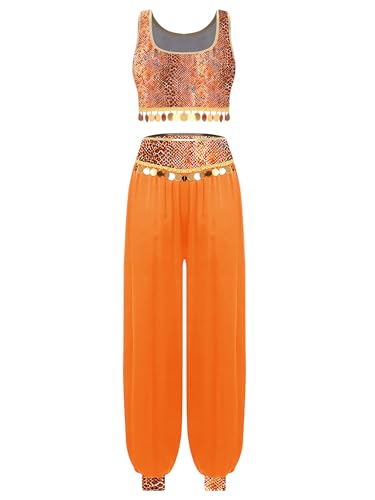 Vxuxlje Damen Glitzer Pailletten Bauchtanz Kostüm Arabische Prinzessin Kostüm Ärmellose Top und Hosen Karneval Halloween Cosply Clubwear Orange M Vxuxlje Damen Glitzer Pailletten Bauchtanz Kostüm Arabische Prinzessin Kostüm Ärmellose Top und Hosen Karneval Halloween Cosply Clubwear Orange M von Vxuxlje