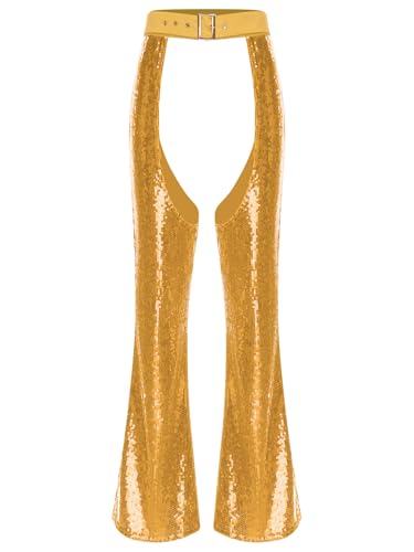 Vxuxlje Damen Glitzer Pailletten Chaps Hosen Cowgirl Disco Schlaghosen Loose Hosen Halloween Karnevalskostüm Rave Clubwear Gold XXL von Vxuxlje