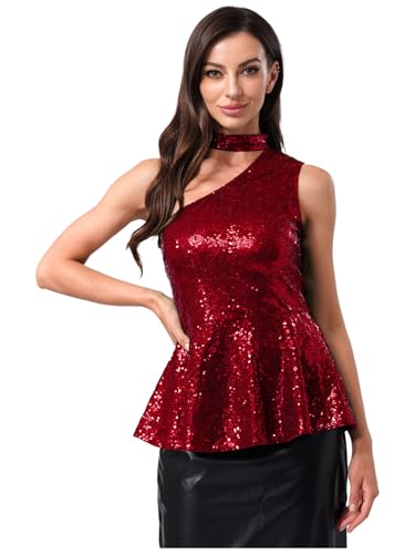 Vxuxlje Damen Glitzer Pailletten Top Ärmellos Hemd One-shoulder Oberteile Rüschen Peplum Bluse Clubwear Rave Cocktail Nachtclubs Gerburtstags Burgundy L von Vxuxlje