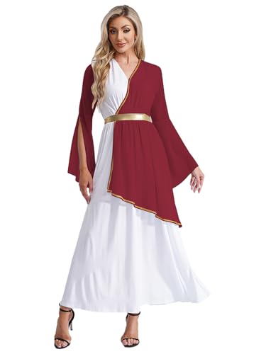 Vxuxlje Damen Griechische Göttin Kostüm Halloween Cosplay Farbblock Kleid Retro Langarm Kleid Lang Faschingskostüm Rave Outfit Clubwear Burgund 3XL von Vxuxlje