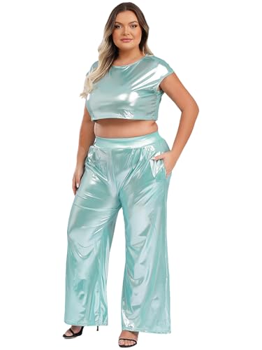 Vxuxlje Damen Große Größen Disco Kostüm Glitzer Top mit Schlaghosen Lang Oberteile Vintage Outfit Clubwear Mottopartys Nachtclubs Blaugrün XXL Vxuxlje Damen Große Größen Disco Kostüm Glitzer Top mit Schlaghosen Lang Oberteile Vintage Outfit Clubwear Mottopartys Nachtclubs Blaugrün XXL von Vxuxlje
