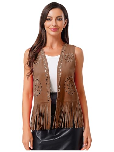 Vxuxlje Damen Hippie Weste Ärmellose Fransen Jacke Wildlederimitat Vintage Cardigan Cowgirl Kostüm Cosplay Halloween Karnevalskostüm Braun XXL von Vxuxlje