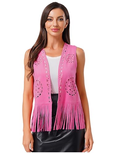 Vxuxlje Damen Hippie Weste Ärmellose Fransen Jacke Wildlederimitat Vintage Cardigan Cowgirl Kostüm Cosplay Halloween Karnevalskostüm Hot Pink XXL von Vxuxlje