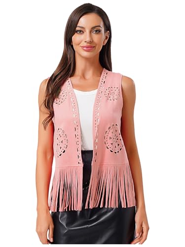 Vxuxlje Damen Hippie Weste Ärmellose Fransen Jacke Wildlederimitat Vintage Cardigan Cowgirl Kostüm Cosplay Halloween Karnevalskostüm Rosa S von Vxuxlje