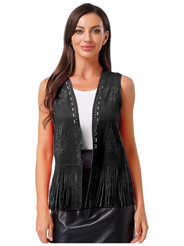 Vxuxlje Damen Hippie Weste Ärmellose Fransen Jacke Wildlederimitat Vintage Cardigan Cowgirl Kostüm Cosplay Halloween Karnevalskostüm Schwarz XL von Vxuxlje