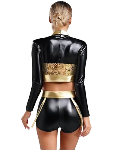 Vxuxlje Damen Metallic Cheer Leader Kostüm Langarm Crop Top und Glitzer Shorts Disco Kostüm Rave Outfit Karneval Clubwear Gold S Vxuxlje Damen Metallic Cheer Leader Kostüm Langarm Crop Top und Glitzer Shorts Disco Kostüm Rave Outfit Karneval Clubwear Gold S von Vxuxlje