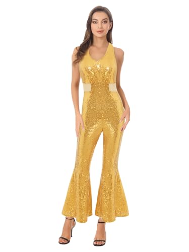 Vxuxlje Damen Metallic Disco Kostüm 60er 70er Glitzer Jumpsuit mit Schlaghose Ärmellos Rückenfrei Overall Karneval Clubwear Nachtclubs Gold XL Vxuxlje Damen Metallic Disco Kostüm 60er 70er Glitzer Jumpsuit mit Schlaghose Ärmellos Rückenfrei Overall Karneval Clubwear Nachtclubs Gold XL von Vxuxlje