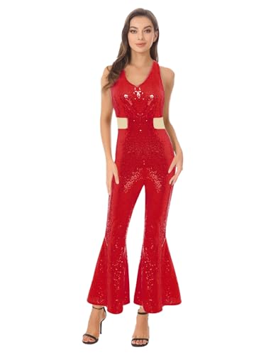 Vxuxlje Damen Metallic Disco Kostüm 60er 70er Glitzer Jumpsuit mit Schlaghose Ärmellos Rückenfrei Overall Karneval Clubwear Nachtclubs Rot M von Vxuxlje