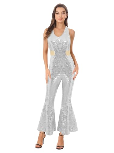 Vxuxlje Damen Metallic Disco Kostüm 60er 70er Glitzer Jumpsuit mit Schlaghose Ärmellos Rückenfrei Overall Karneval Clubwear Nachtclubs Silber XXL Vxuxlje Damen Metallic Disco Kostüm 60er 70er Glitzer Jumpsuit mit Schlaghose Ärmellos Rückenfrei Overall Karneval Clubwear Nachtclubs Silber XXL von Vxuxlje