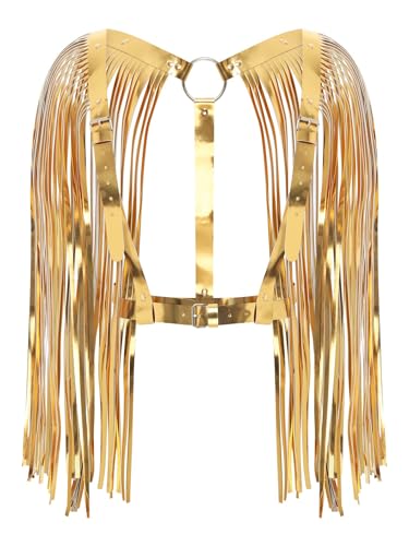 Vxuxlje Damen PU Leder Kostüm Durchsichtige Top Tassels Halb Körper Brustharness Accessoire Bühnenperformance Outfit Karneval Clubwear Gold One Size Vxuxlje Damen PU Leder Kostüm Durchsichtige Top Tassels Halb Körper Brustharness Accessoire Bühnenperformance Outfit Karneval Clubwear Gold One Size von Vxuxlje