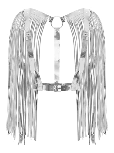 Vxuxlje Damen PU Leder Kostüm Durchsichtige Top Tassels Halb Körper Brustharness Accessoire Bühnenperformance Outfit Karneval Clubwear Grau One Size Vxuxlje Damen PU Leder Kostüm Durchsichtige Top Tassels Halb Körper Brustharness Accessoire Bühnenperformance Outfit Karneval Clubwear Grau One Size von Vxuxlje