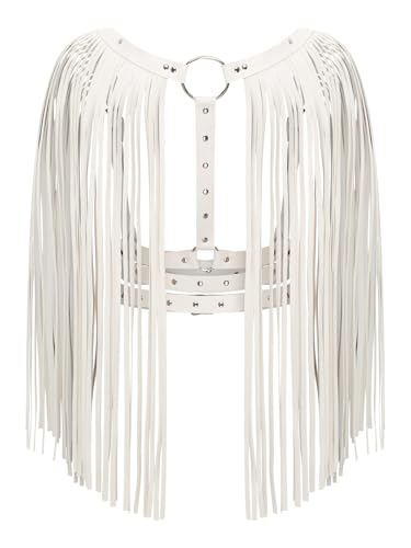 Vxuxlje Damen PU Leder Kostüm Durchsichtige Top Tassels Halb Körper Brustharness Accessoire Bühnenperformance Outfit Karneval Clubwear Weiß One Size von Vxuxlje